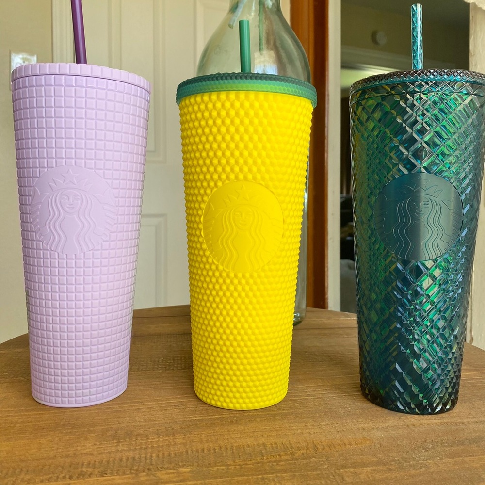 Starbucks teal jewel, studded pineapple, lilac grid cold cup